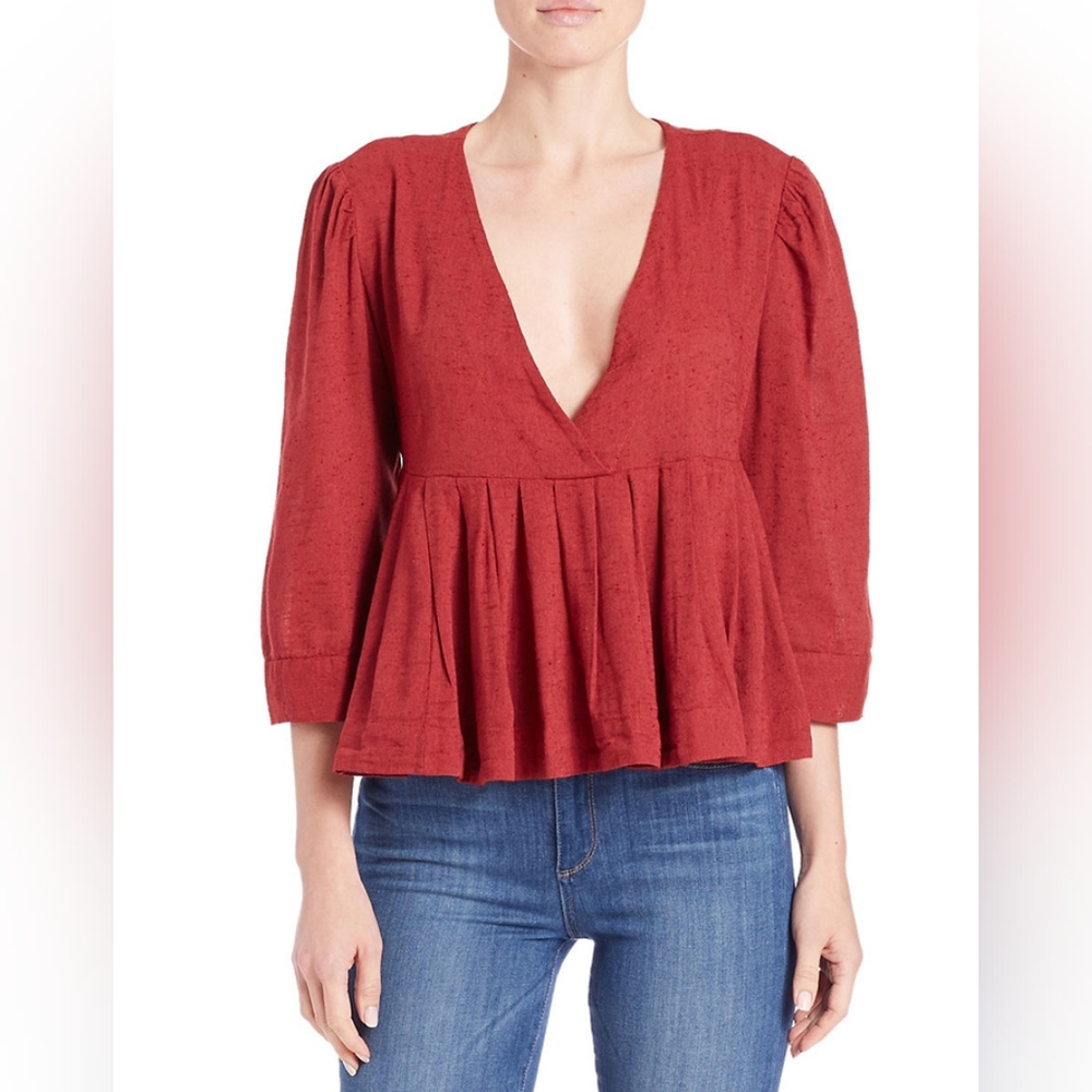 Free People Orange Peplum Blouse with 3/4 Sleeves